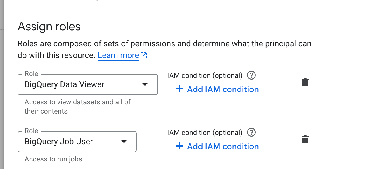 BigQuery service account permissions screen showing the two required IAM roles