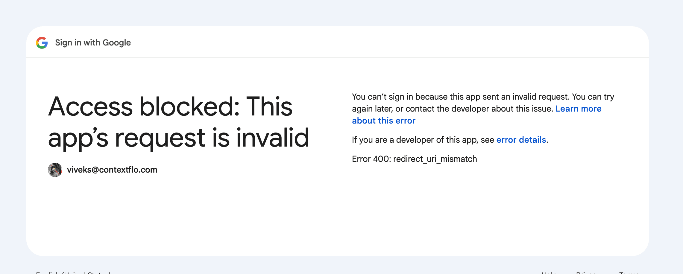 A redirect_uri_mismatch error shown when connecting BigQuery to Claude