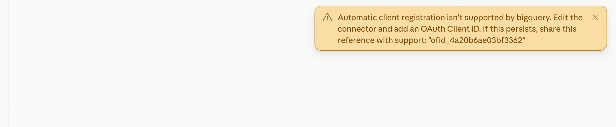 Error stating that automatic client registration is not supported by BigQuery