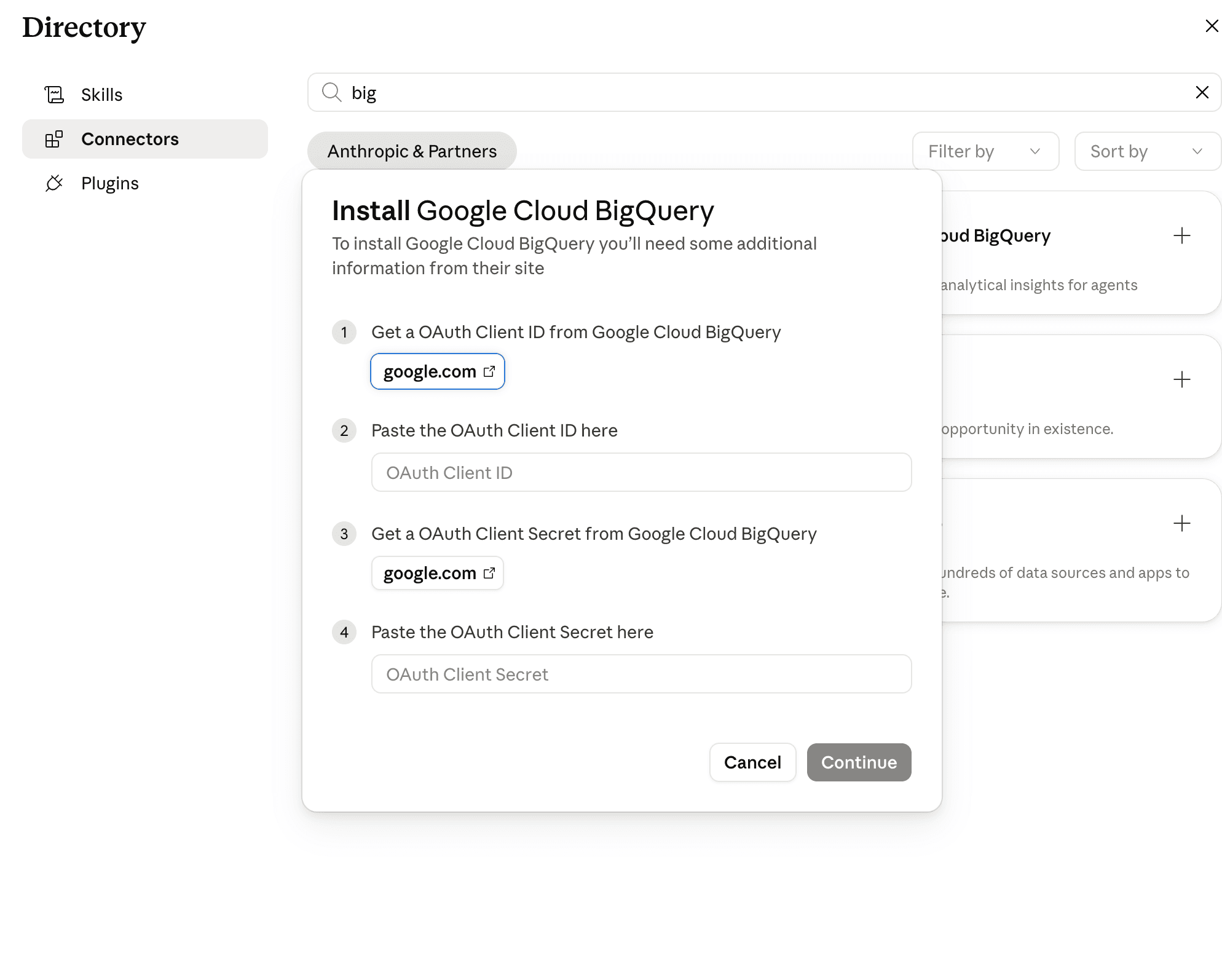 Claude's BigQuery connector prompting for an OAuth Client ID and Secret