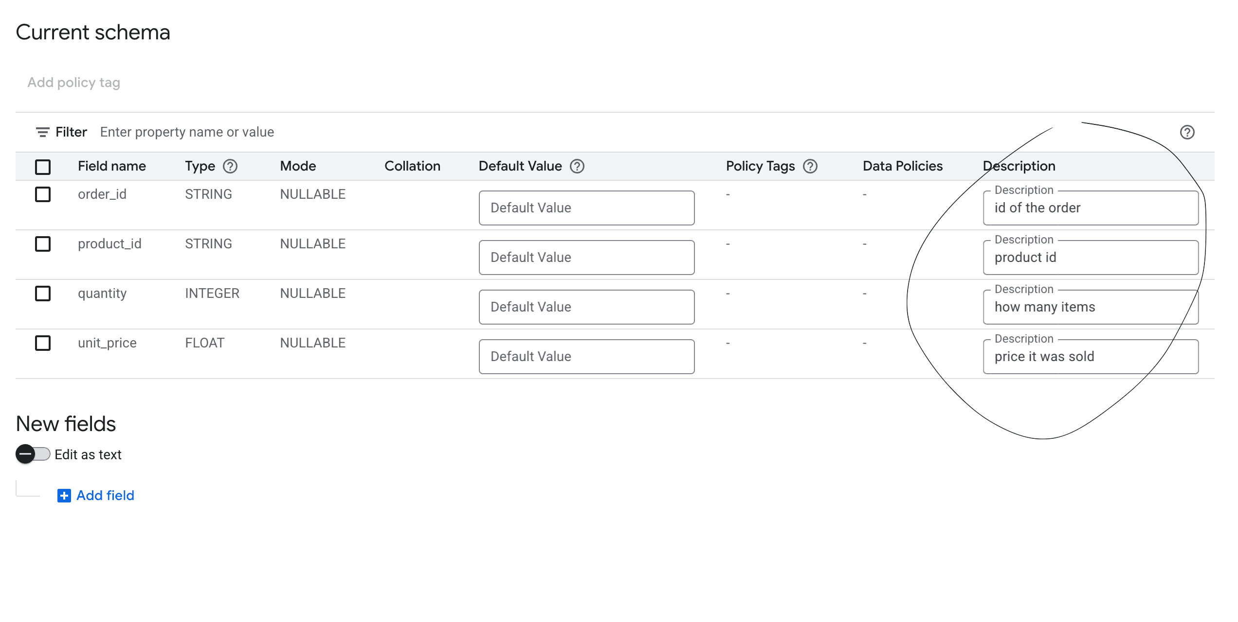 BigQuery's schema editor, used to add a description to a single column