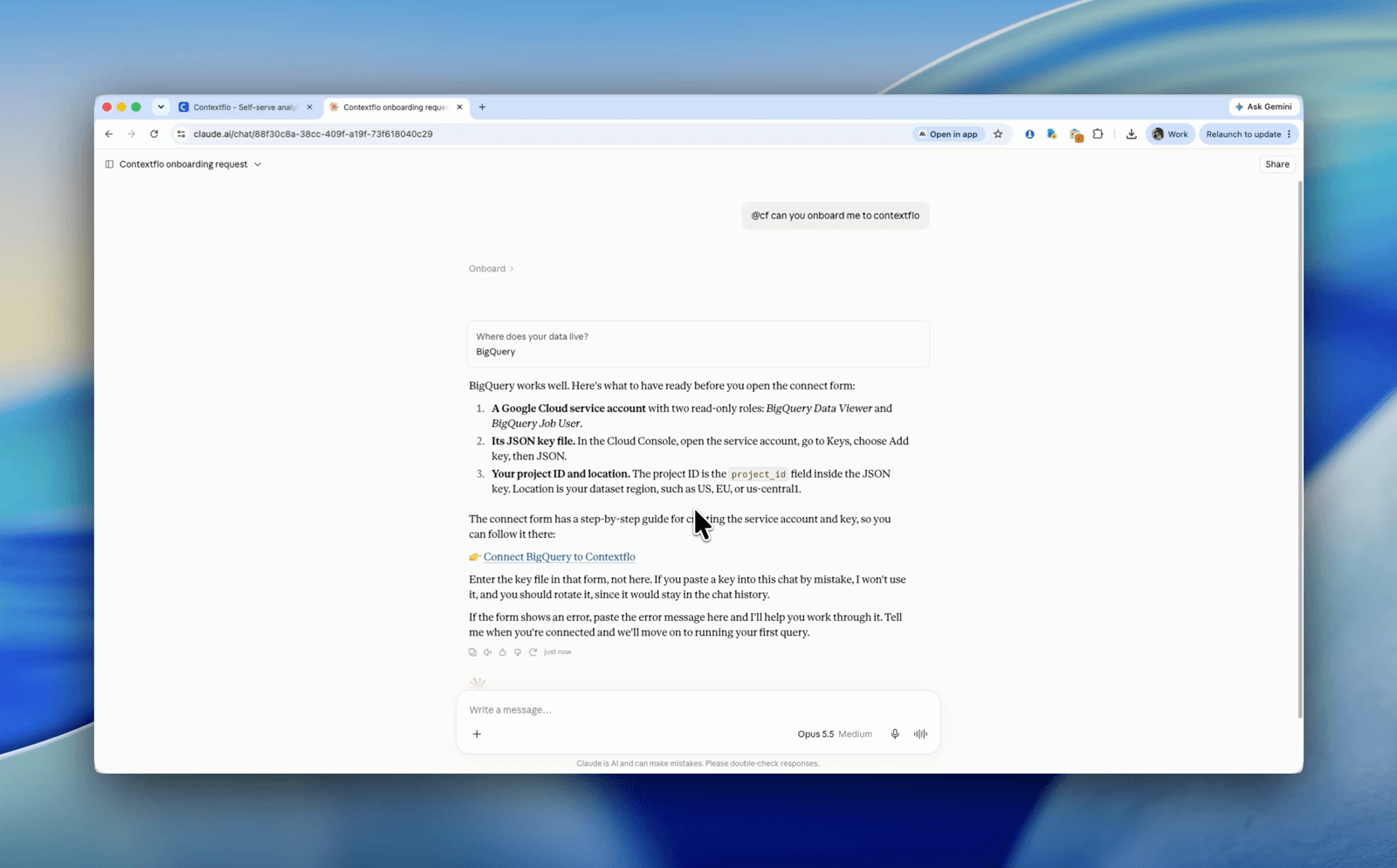 Set up Contextflo from inside Claude: onboarding is now a conversation
