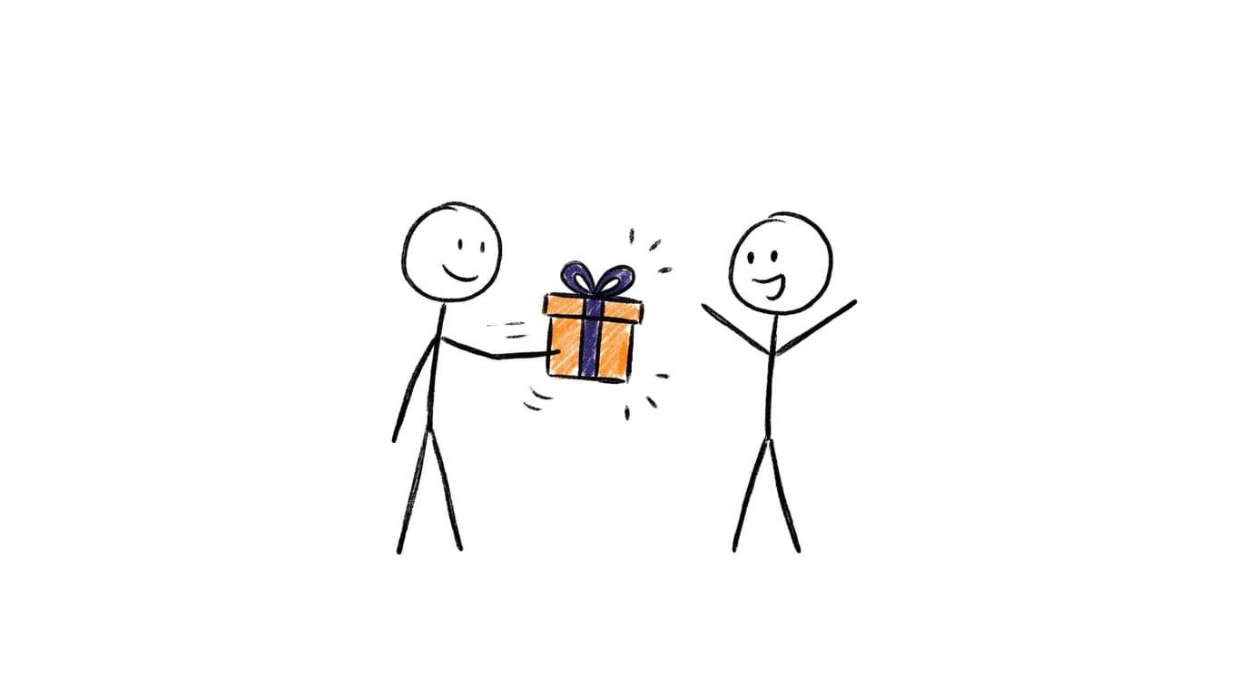 Stick figure handing a gift to another stick figure