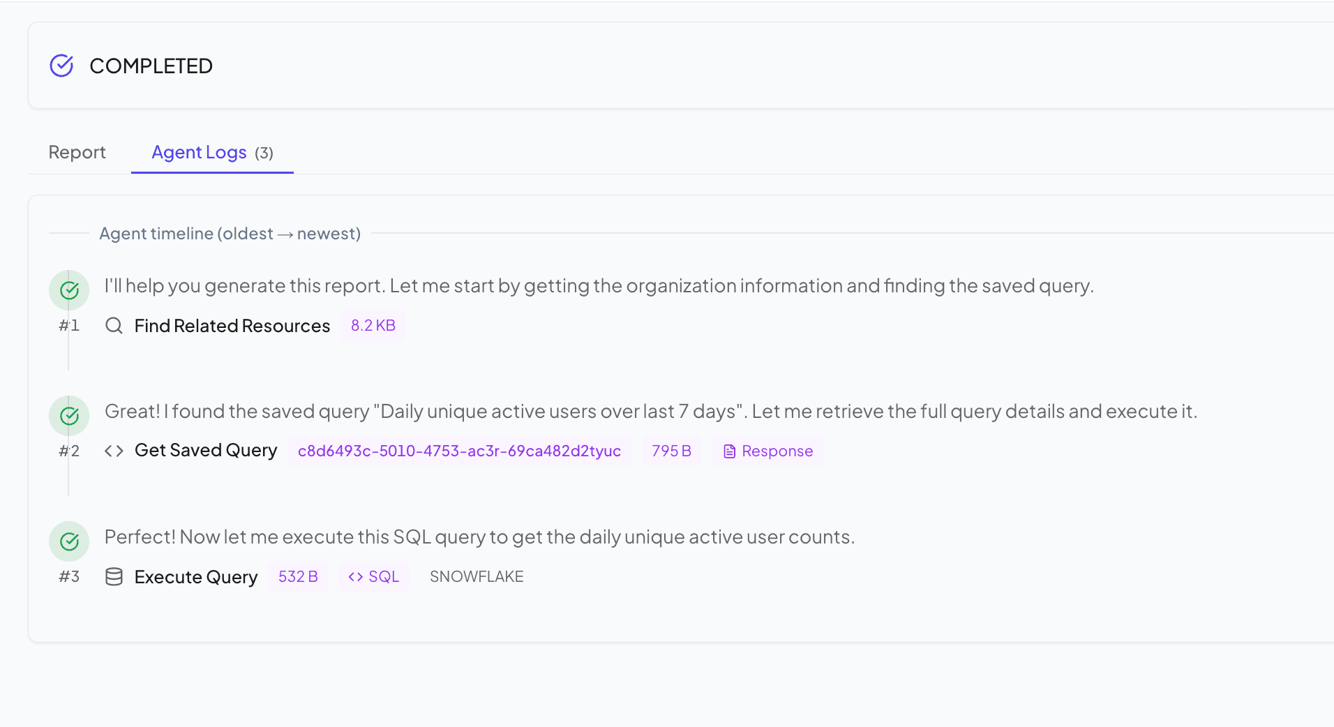 Report execution logs showing each agent tool call and the SQL queries it ran