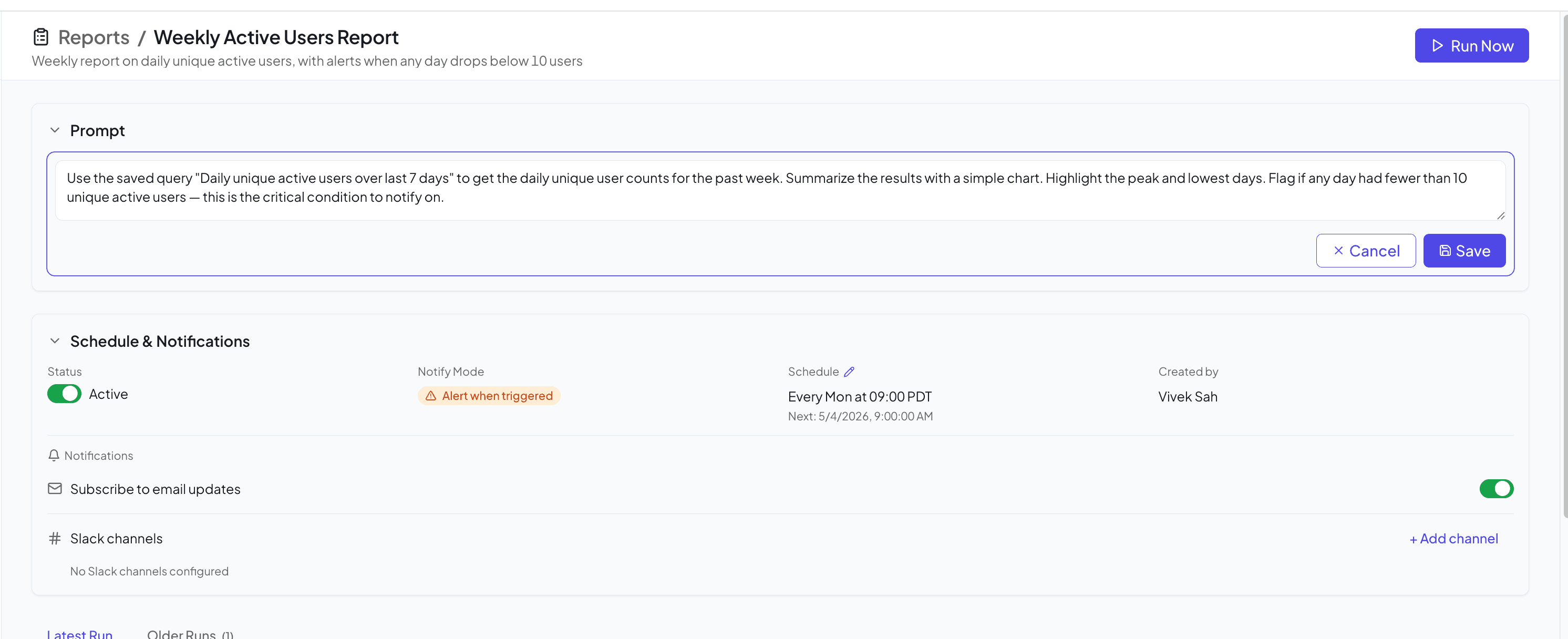 Editing a report prompt, schedule and delivery settings in the Contextflo web app