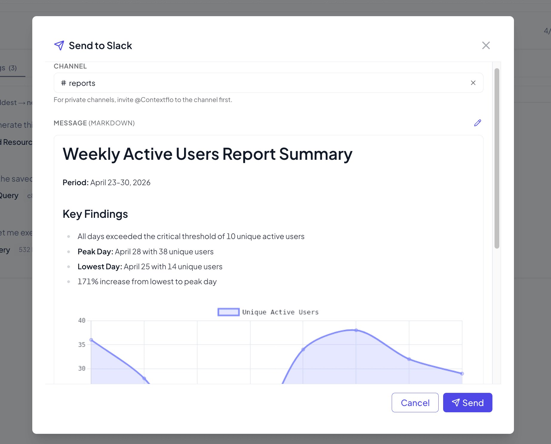 An automated report delivered into a Slack channel with formatted tables