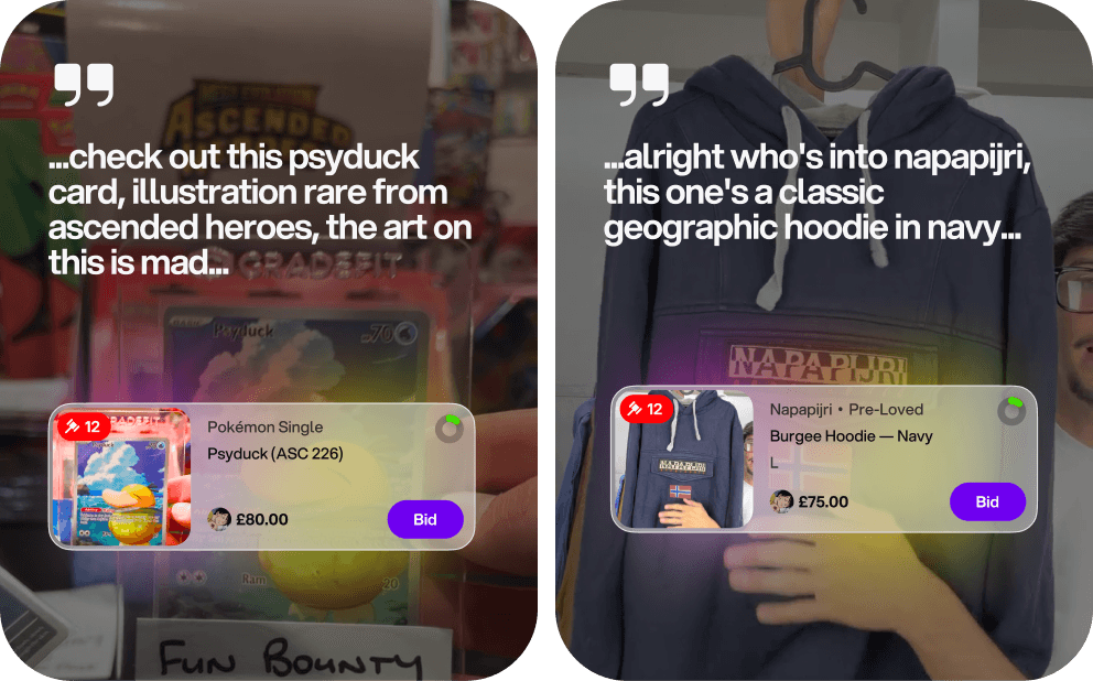 Two Tilt live streams: a seller showing a Pokémon card and a hoodie, each with a live bid overlay